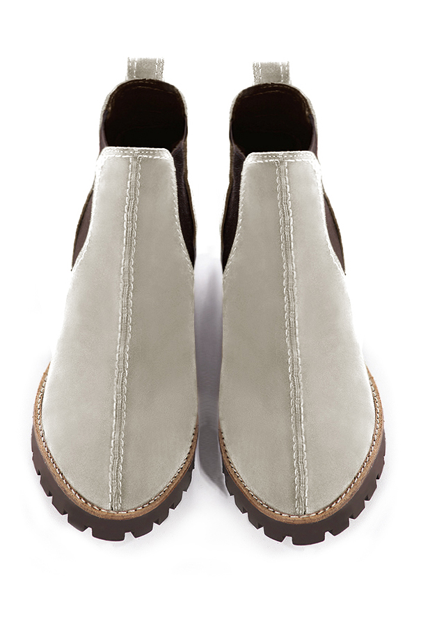 Women's off white and chocolate brown elegant Chelsea ankle boots, with side elastics. Round toe. Thick rubber soles - Top view